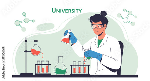Scientist Experimenting In A University Lab With Safety Measures And Diverse Chemicals