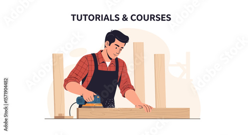 Man Sands Wood Plank With Electrical Sander In Workshop For Diy Project
