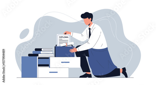 Man Searching Diploma in The Drawer Office with Abstract Background Colors