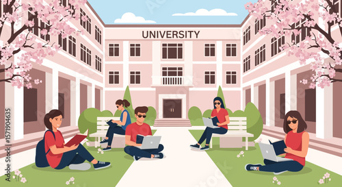University Students Enjoying Campus Life In Spring Season Studying And Relaxing