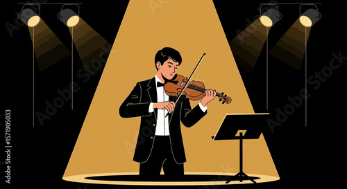 Violinist Performing Under Spotlight In Concert Hall With Elegant Gesture