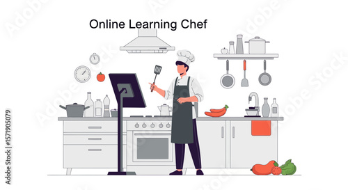 Virtual Culinary Class: Chef Teaching Recipes Via Tablet In Kitchen Setting