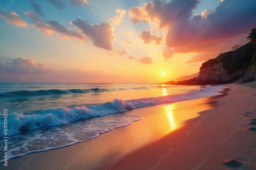 Obraz premium A serene beach scene at sunset, embodying a calm and peaceful lifestyle, reflecting inner tranquility and emotional wellbeing , calm, stillness, balance
