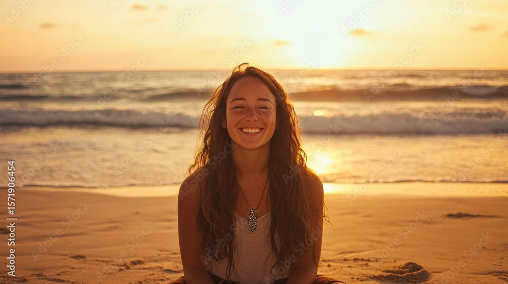 Happy Woman Smiling At Sunset On Beach Happy Woman Smiling At Sunset On Beach