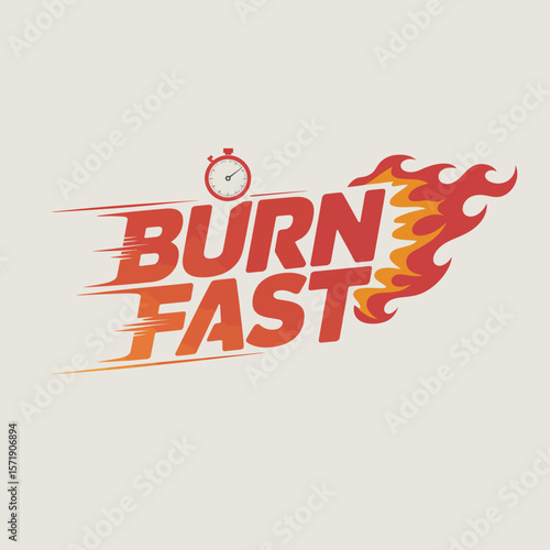 Burn fast text with a stopwatch and flames indicating speed and rapid progress perfect for fitness or motivational themes