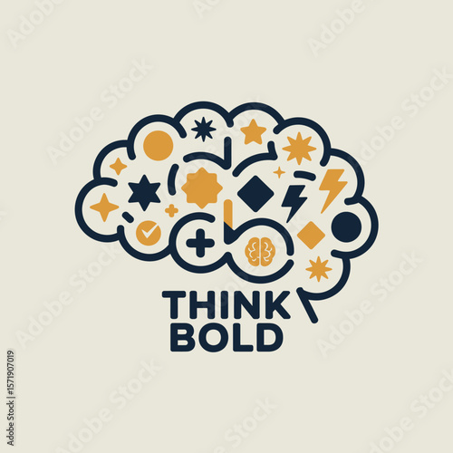 Creative brain illustration with diverse icons representing ideas and innovation accompanied by the motivational text think bold perfect for business and design concepts
