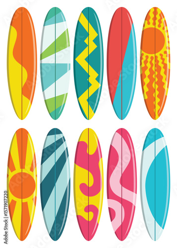 Surfing board vector set. Surfboard summer elements in colorful pattern design isolated in white background. Vector illustration summer surfing board elements collection.