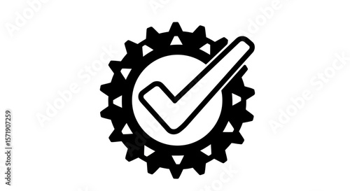 A check mark is placed in the center of a gear, symbolizing a successful mechanism