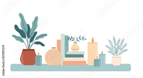 A serene shelf arrangement features potted plants, books, vases, and candles, creating a cozy and inviting atmosphere in a modern home