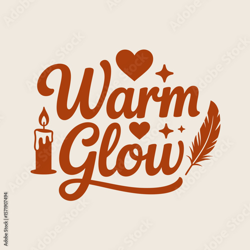 Warm glow text with decorative elements including a lit candle hearts stars and a feather presented in a retro groovy font style
