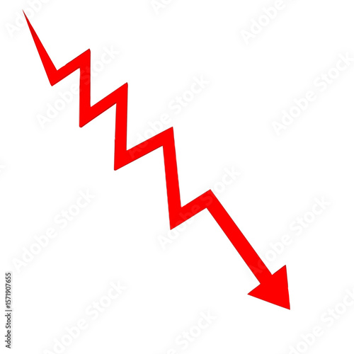 A vibrant red arrow sharply zigzags downwards, isolated on white background, symbolizing a decline or negative trend in the market