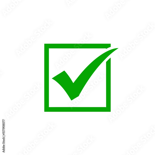 A green check mark inside a green square, isolated on white background, signifies approval and correctness
