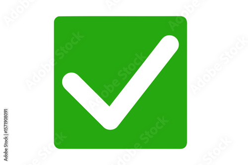 A white check mark on a green square, isolated on white background, signifies approval and correctness