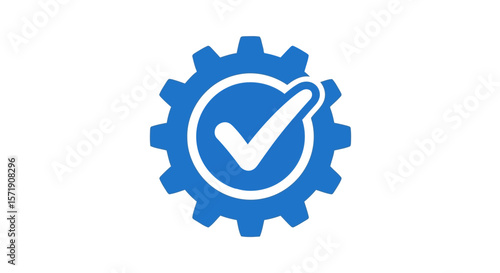 A blue gear with a white check mark in the center, isolated on white background
