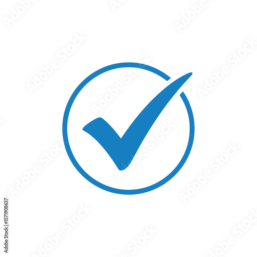 A blue check mark is enclosed in a circle, isolated on white background