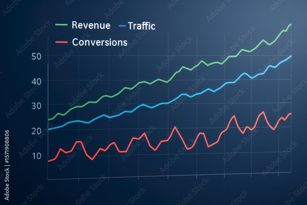 Naklejka premium Graph displaying revenue traffic and conversions trending upwards over time