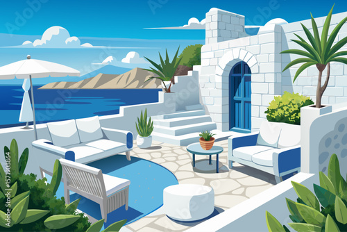 vector of Mediterranean patio ocean view; white furniture, white stone wall, outdoor relaxation; Ice white facade