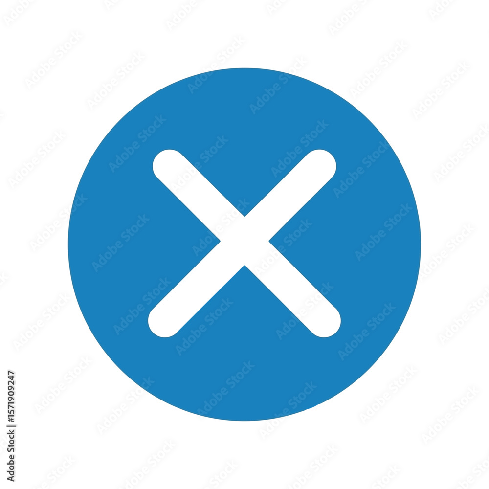 A blue circle contains a white cross mark, indicating cancellation or removal, isolated on white background A blue circle contains a white cross mark, indicating cancellation or removal, isolated on white background
