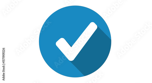A blue circle contains a white check mark, indicating approval and success isolated on white background