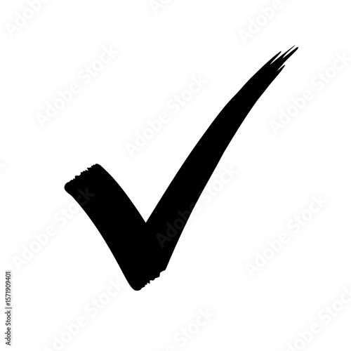 A bold black check mark isolated on white background signifies approval and positive confirmation
