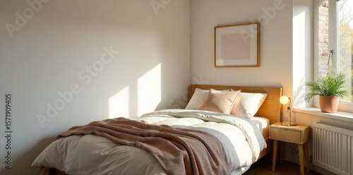 Cozy single bedroom with a minimalist aesthetic, featuring a comfortable bed, simple nightstand, and soft lighting Perfect for a small space or rental property , small bedroom, cozy bedroom, sheets