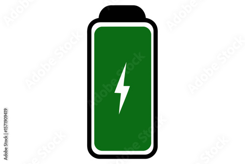 A green battery icon with a lightning bolt symbol is isolated on white background, representing full charge and energy