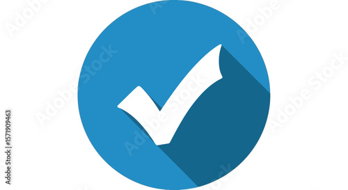 A white check mark inside a blue circle with a shadow, isolated on white background, signifies approval and success