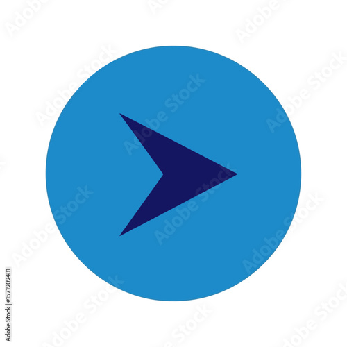 A blue arrow pointing to the right is displayed inside of a blue circle isolated on white background