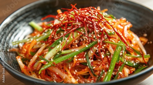 A spicy korean vegetable salad with green onions and sesame seeds is served in a black bowl