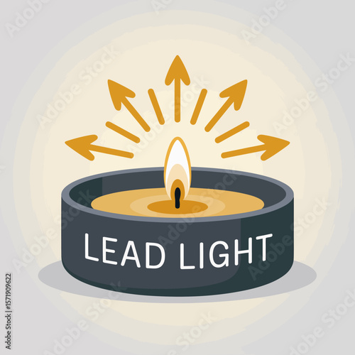 A lit candle with the words lead light on its side and radiating arrows symbolizing guidance and illumination in all directions