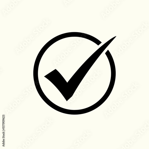 A black check mark is enclosed in a black circle, isolated on white background