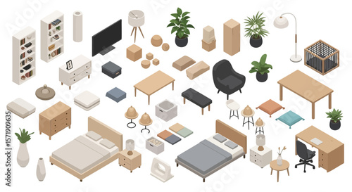 An isometric view shows a collection of furniture and home decor items arranged for room design