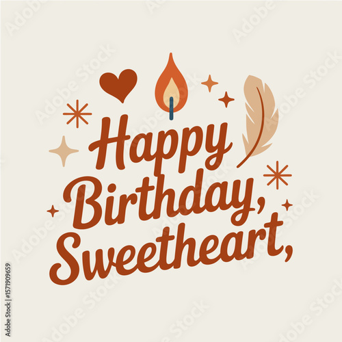 Retro style happy birthday sweetheart greeting card with a candle heart and feather illustration and warm color palette