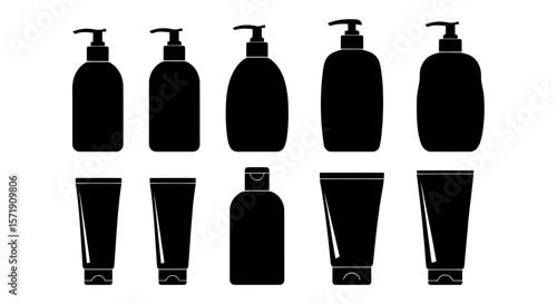 A collection of black cosmetic bottles and tubes with pumps isolated on white background, showcasing various shapes and sizes for beauty products