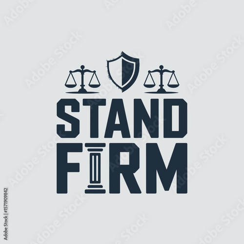 Stand firm law firm logo with scales of justice and shield symbolizing strength and integrity in legal representation