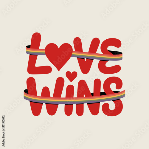 Love wins text with a red heart and rainbow ribbon wrapped around the letters celebrating lgbtq pride and equality