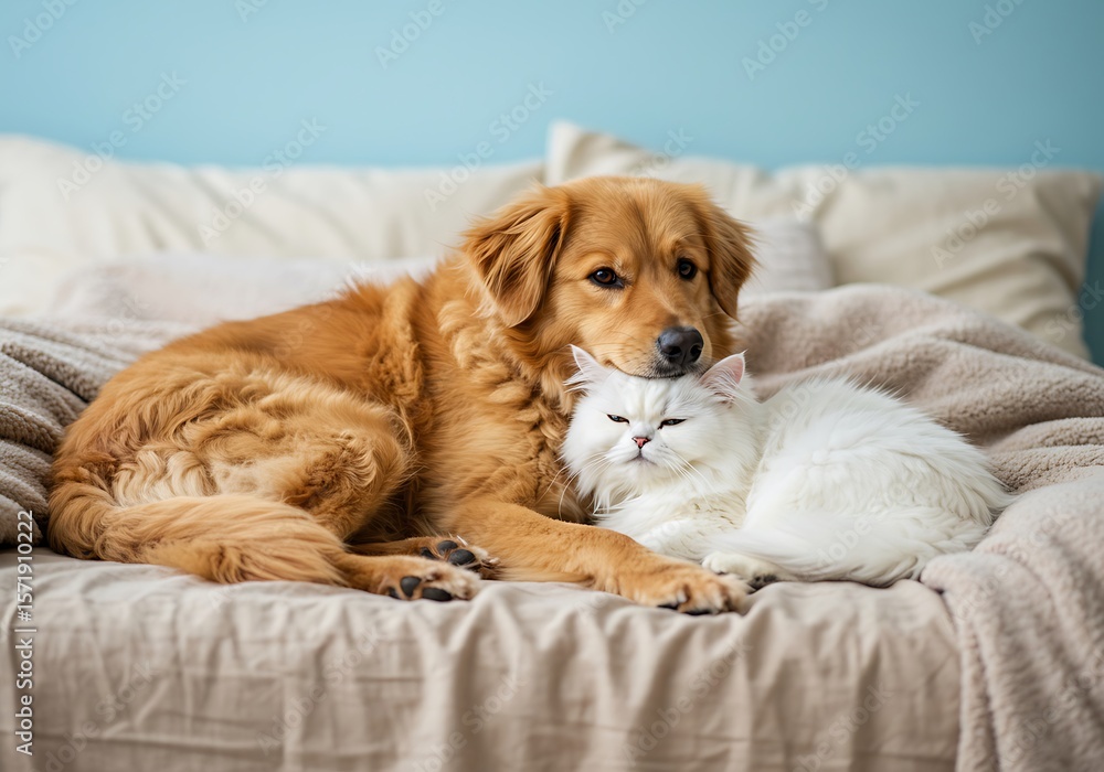 Obraz premium Affectionate Dog and Cat Relaxing Together on a Bed. Generative Ai