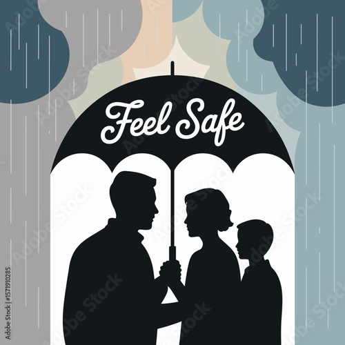 Family sheltered under an umbrella with the words feel safe written on it protected from rain and stormy clouds symbolizing security and care