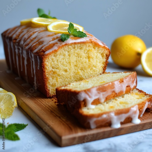 Fresh lemon cake with glaze and lemon slices.