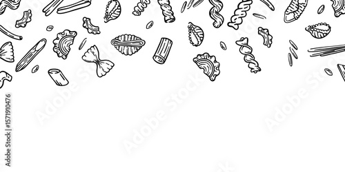 Hand-drawn vector ink illustration of Italian pasta types: elbows, penne, rigatoni, cavatappi, spirals. Seamless banner for restaurant menus, food shops, packaging, flyers, and prints.