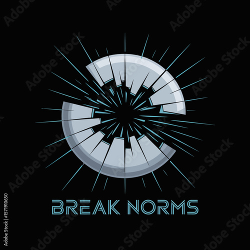 Abstract shattered circle with radiating light rays and the text break norms against a black background symbolizing disruption and innovation