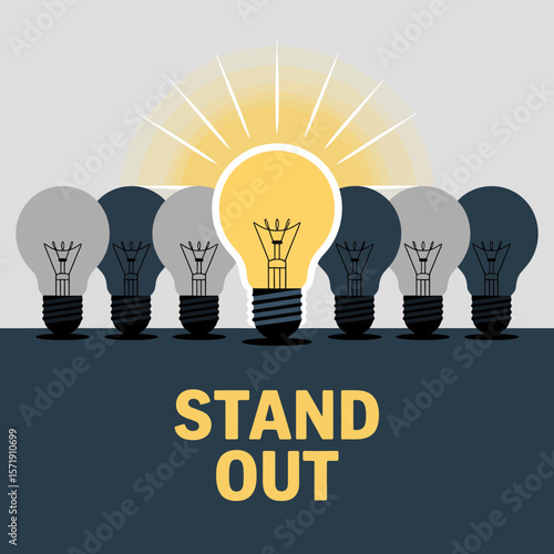 A single illuminated light bulb stands out from a row of unlit bulbs symbolizing individuality innovation and standing out from the crowd with a bright idea
