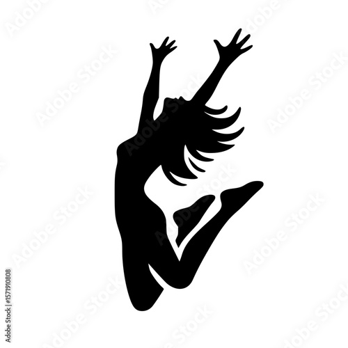 Jumping person icon, black filled, arms raised, bent legs, abstract silhouette, minimal clipart