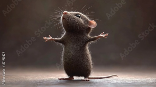 A small, adorable mouse stands upright, arms outstretched, gazing upwards