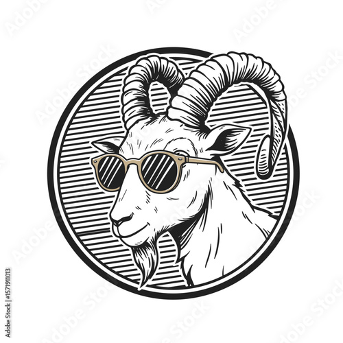A black and white goat with curved horns and retro sunglasses in a circular frame.