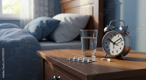 Blister pack of pills on a nightstand with a glass of water and alarm clock – morning light, cozy bedroom scene