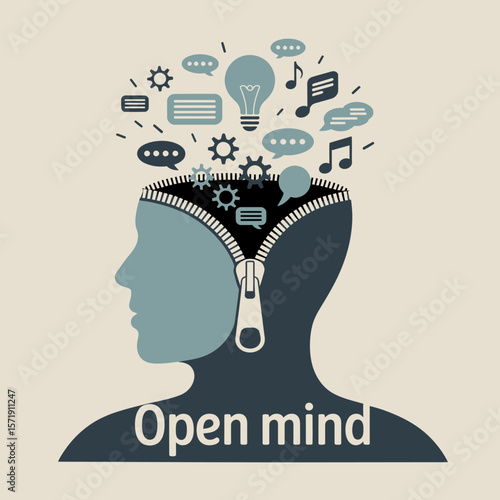 Conceptual illustration of an open mind with a zipper revealing gears lightbulb speech bubbles and music notes symbolizing ideas communication and creativity