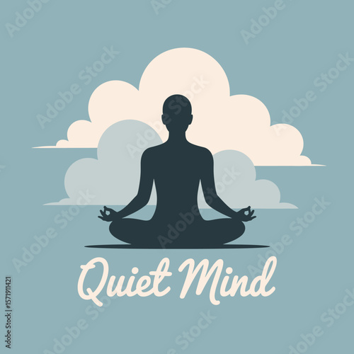 Silhouette of a person meditating in a lotus position against a backdrop of soft clouds and a serene blue sky with the words quiet mind