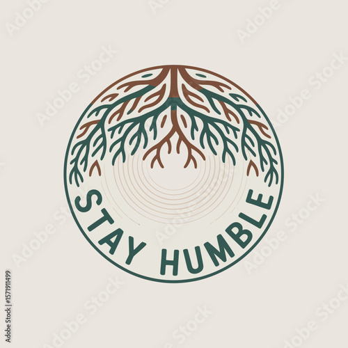 Circular logo design featuring stylized tree roots and the phrase stay humble in a calming color palette representing growth and humility