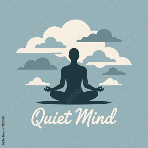 Silhouette of a person meditating in a lotus position surrounded by stylized clouds with the words quiet mind written below